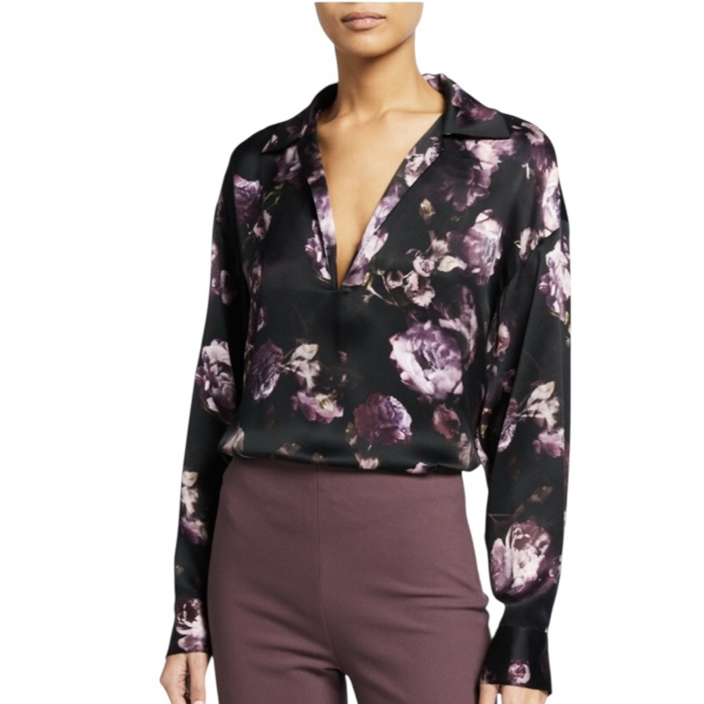 Vince Night Garden Lapel Collar Popover 100% Silk Rose Print Blouse W1782 Sz XS